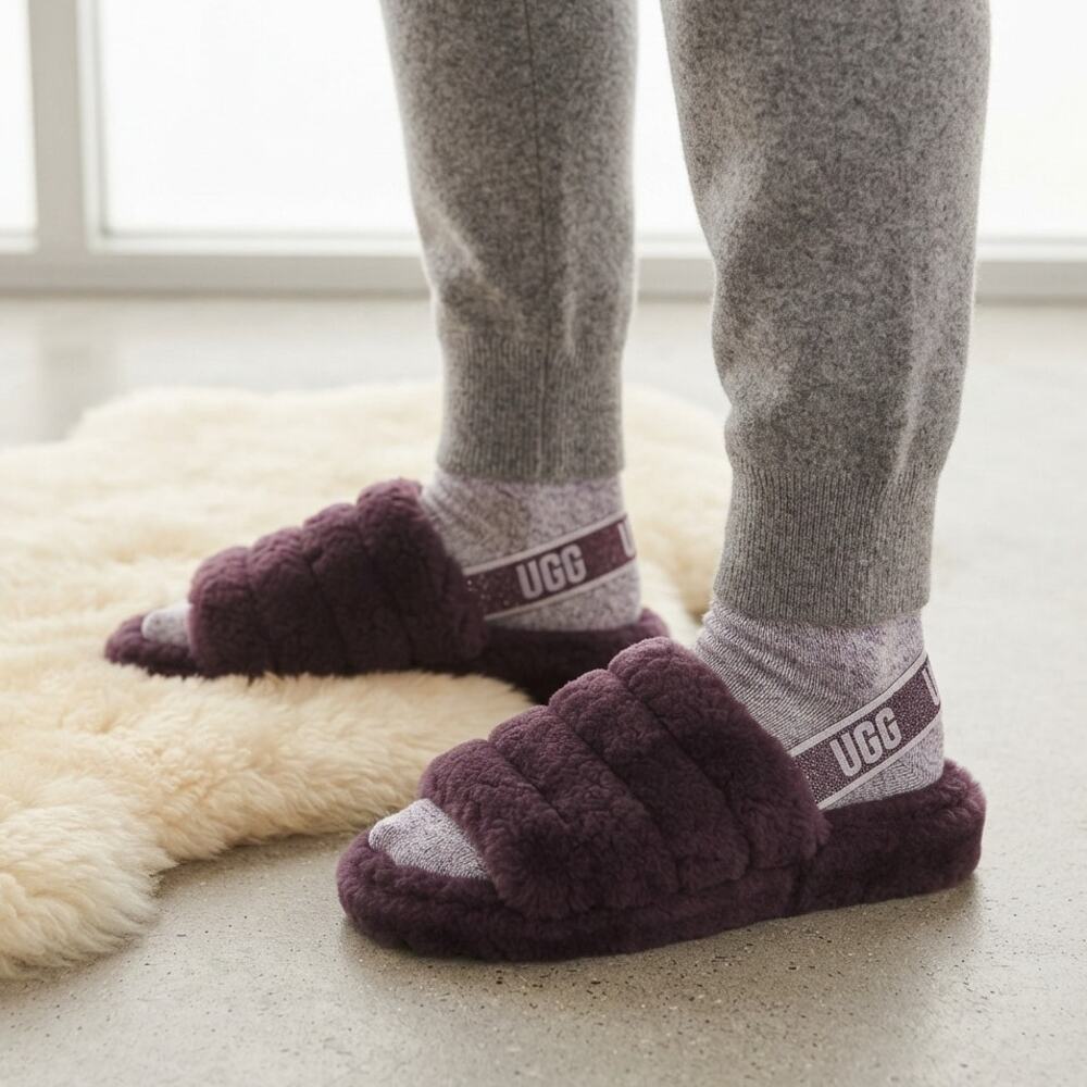 UGG Fluffita Logo Quilted Shearling Slingback Slippers Dark Purple Plum EUC 10
